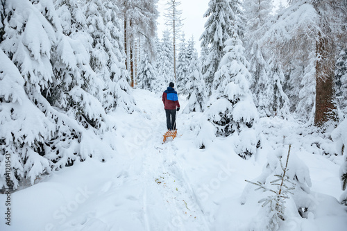 Man in ski suit pulls a sledge through a forest with a lot of snow. Forest in winter