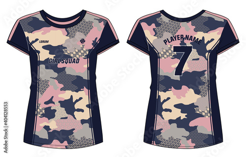 Camouflage Women Sports t-shirt Jersey design concept Illustration Vector suitable for girls and Ladies for badminton, Soccer, netball, Football, tennis, Volleyball jersey.