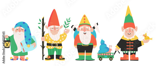 Set of four garden gnomes or dwarfs. Set of cute fairytale characters. Hand draw cartoon vector illustration.