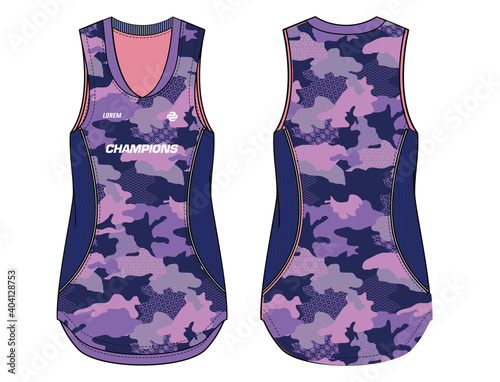 Camouflage Women Sleeveless Tank top Sports t-shirt Jersey design concept Illustration Vector suitable for girls and Ladies for Soccer, netball, Football, badminton , tennis, Volleyball jersey.