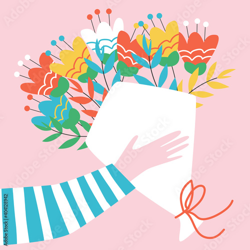 Gift for you Beautiful flower bouquet. Birthday, Wedding or Valentine's Day invitation or greeting card. Postcard for Mother day. Vector illustration of hand with flowers bouqet. 