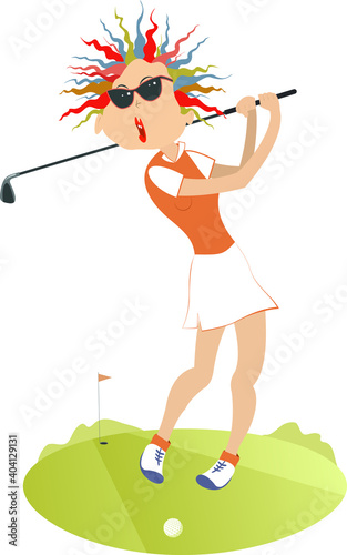 Young golfer woman on the golf course illustration.
Young golfer woman in sunglasses tries to do a good hit isolated on white

