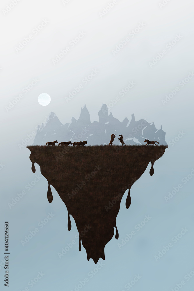 Minimal landscape – Mustang horses