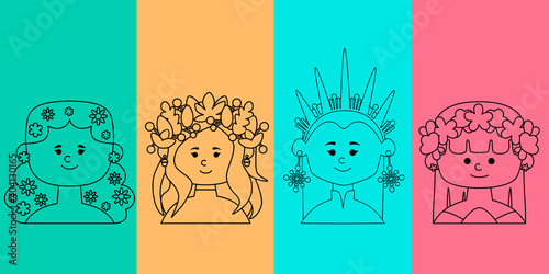 Black line art set of portraits of women four seasons. Flat design for poster or t-shirt. Vector illustration