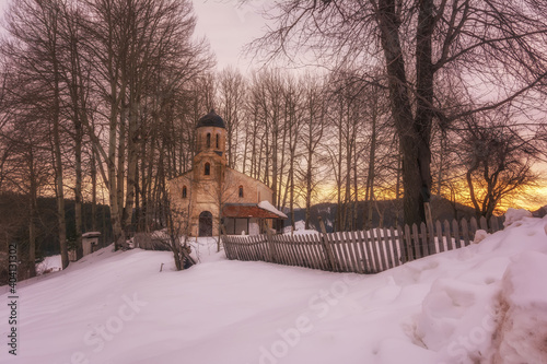 Winter forest, mountain landscape in the wintertime, snow-covered trees. Bulgaria, Gela, Rhodope Mountains