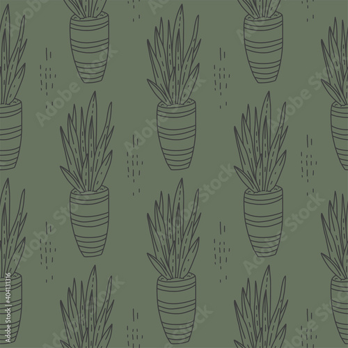 Seamless succulent and cactus plants seamless pattern. Vector tropical illustration of desert flowers in a pot. Hand drawn line doodle nature print.