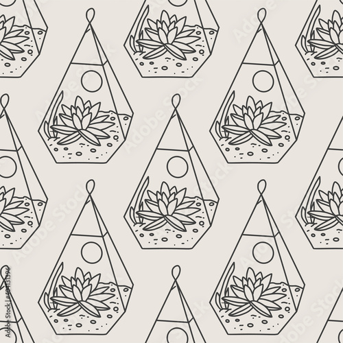 Seamless succulent and cactus plants seamless pattern. Vector tropical illustration of desert flowers in terrarium. Hand drawn line doodle nature print.