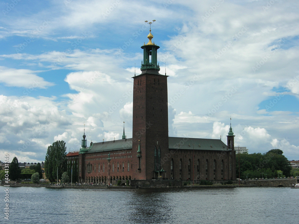 View of the Stadshuset (City Hall) from the water in Stockholm, Sweden