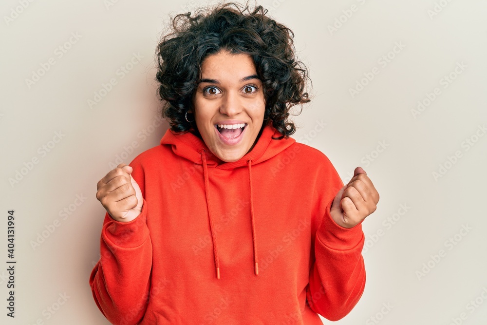 Young hispanic woman with curly hair wearing casual sweatshirt celebrating surprised and amazed for success with arms raised and open eyes. winner concept. Young hispanic woman with curly hair wearing casual sweatshirt celebrating surprised and amazed for success with arms raised and open eyes. winner concept.