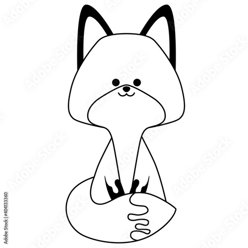 Black line art cute fox isolated on white background. Flat design for poster or t-shirt. Vector illustration