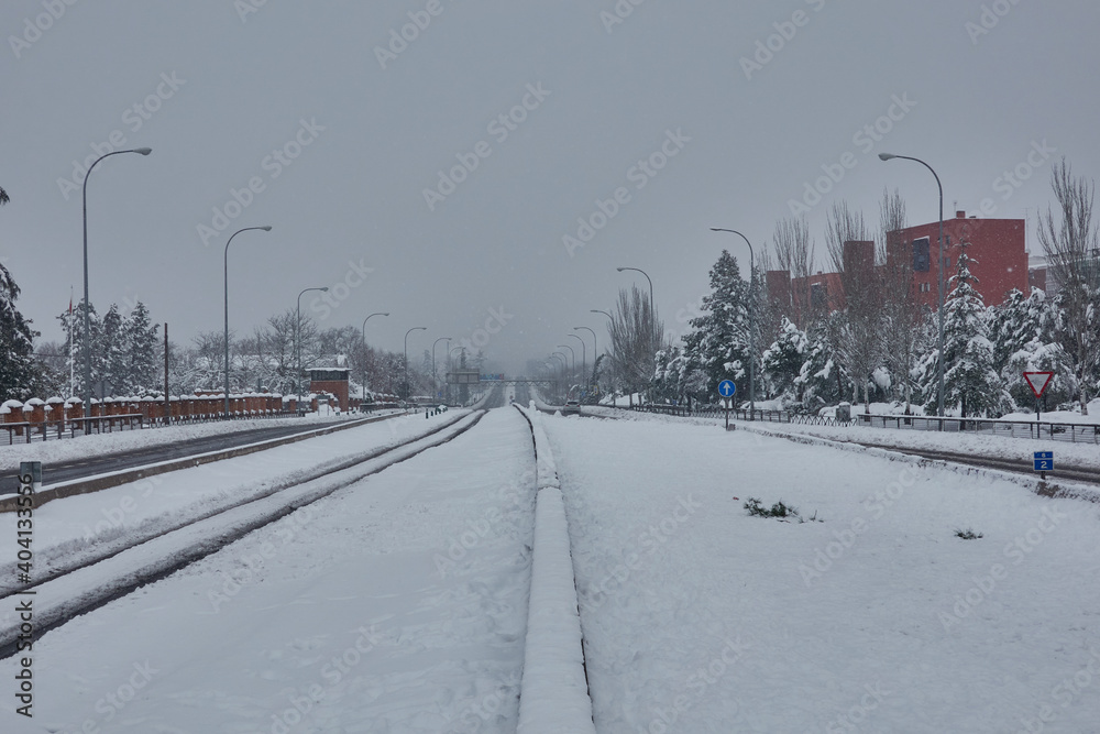The storm Filomena leaves a historical snowfall that forces to cut the highway A5 (Extremadura highway), among others, in Madrid. Spain The storm Filomena leaves a historical snowfall that forces to cut the highway A5 (Extremadura highway), among others, in Madrid. Spain