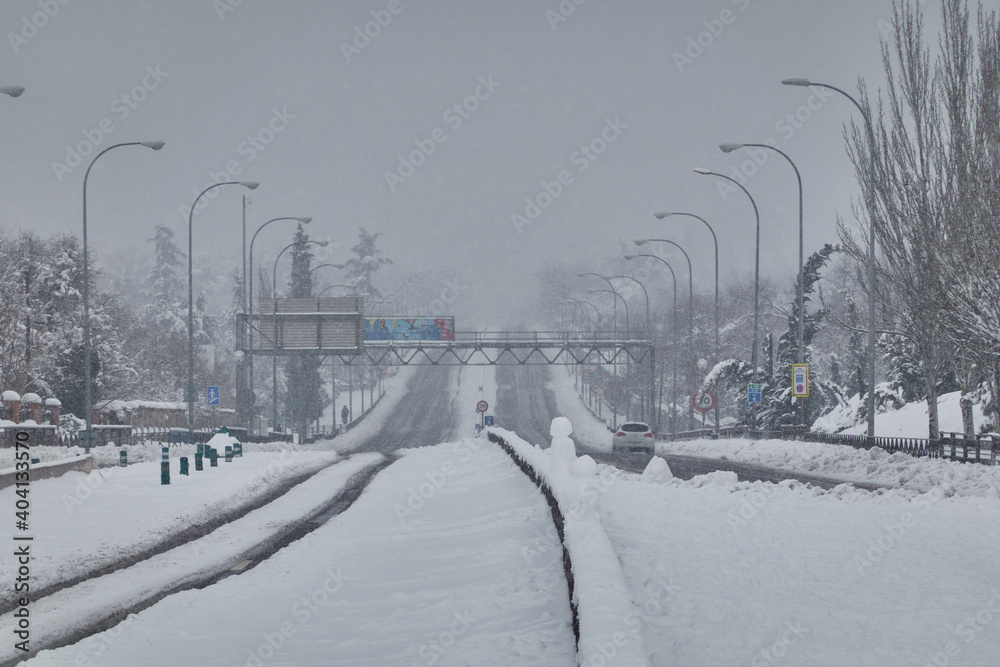 The storm Filomena leaves a historical snowfall that forces to cut the highway A5 (Extremadura highway), among others, in Madrid. Spain The storm Filomena leaves a historical snowfall that forces to cut the highway A5 (Extremadura highway), among others, in Madrid. Spain