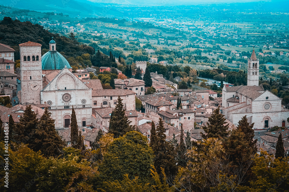 Panoramic view of the small town of Assisi, Italy