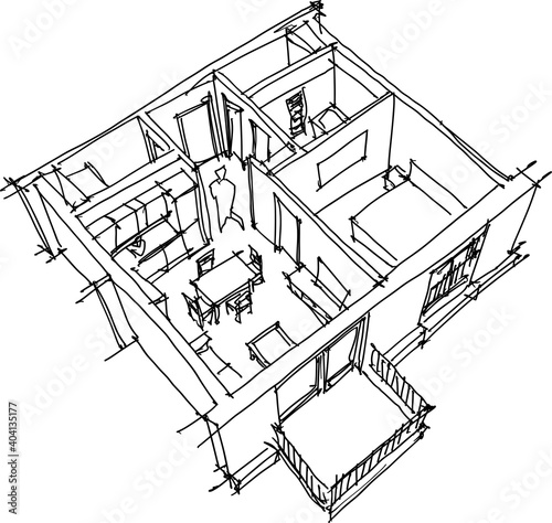 hand drawn sketch of Perspective cut away diagram of a one bedroom apartment completely furnished 