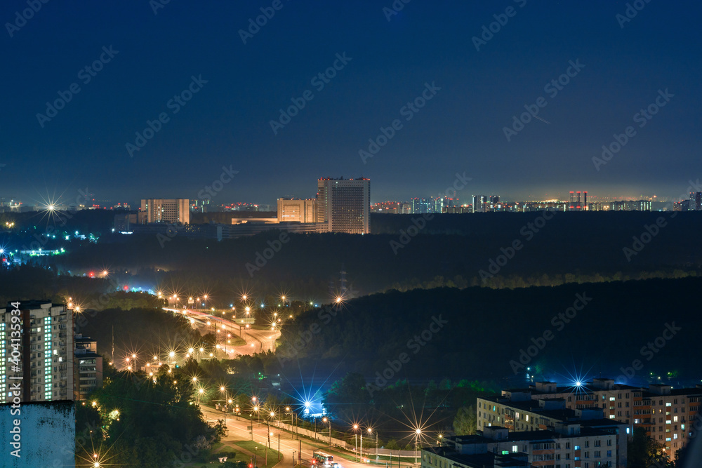 View to Kommunarka from Yasenevo district in Moscow at night