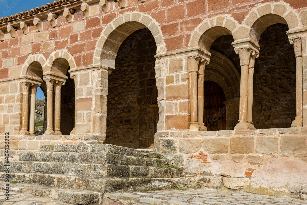 gallery eaves with ship's bow corbels, Romanesque church of Jodra del Pinar, San Juan Bautista ,  Guadalajara, Spain