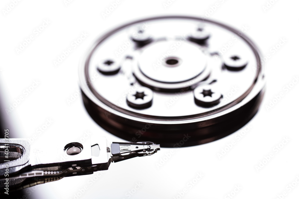 Macro view of spindle of the open hard disk drive Macro view of spindle of the open hard disk drive