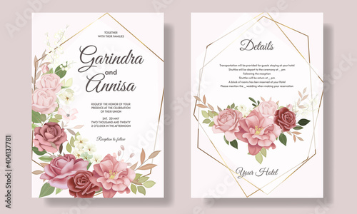 Elegant wedding invitation card with beautiful floral and leaveas Premium Vector photo