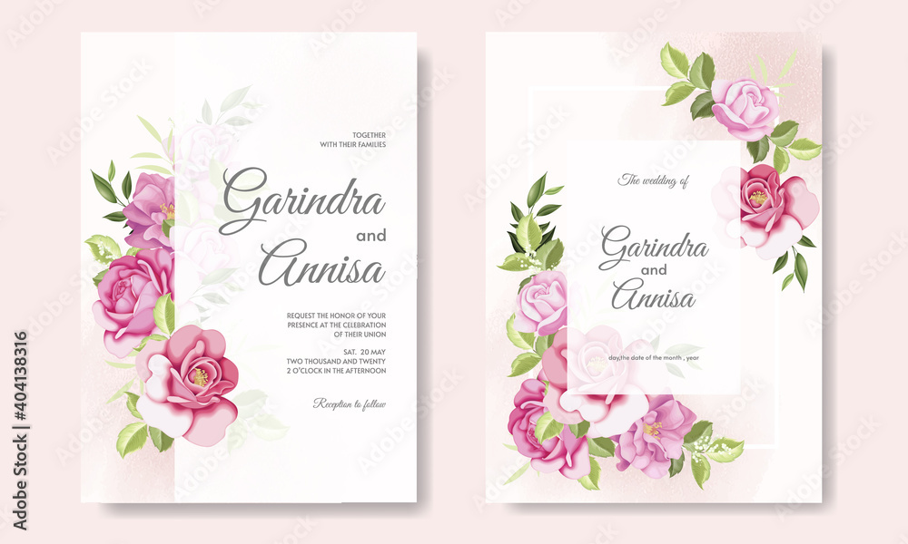 Elegant wedding invitation card with beautiful floral and leaveas Premium Vector
