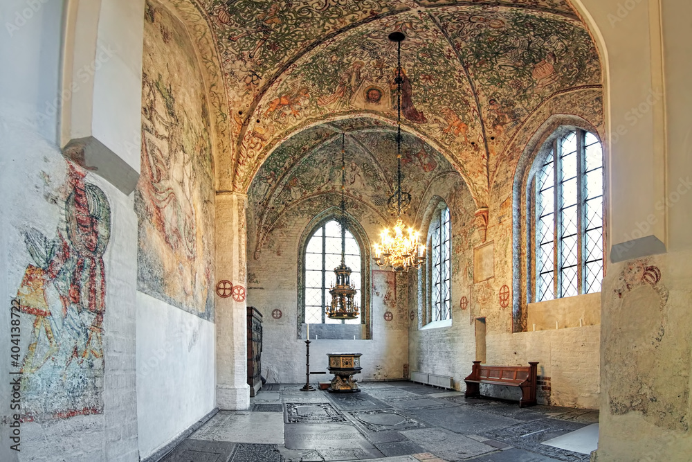 Interior of Tradesmen's Chapel (Kraemarekapellet) at St. Peter's Church in Malmo, Sweden. The chapel was constructed after 1442 and contains a great wealth of frescoes from the late Middle Ages.
