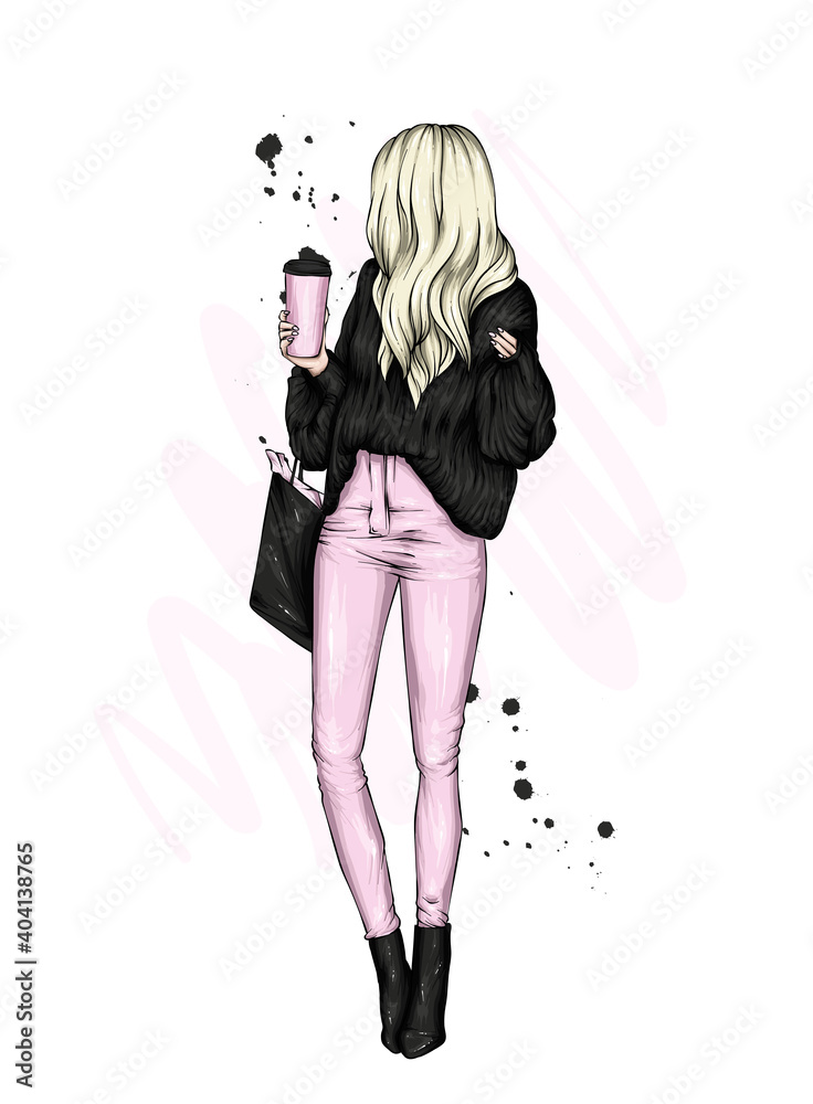 Beautiful girl in stylish clothes. Fashion and style, clothing and accessories. Vector illustration. Beautiful girl in stylish clothes. Fashion and style, clothing and accessories. Vector illustration.