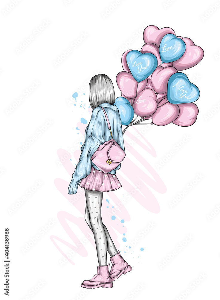 Beautiful girl in stylish clothes and heart-shaped balloons. Vector illustration for a postcard or poster, print. Fashion and style, clothing and accessories. Valentine's Day and love. Beautiful girl in stylish clothes and heart-shaped balloons. Vector illustration for a postcard or poster, print. Fashion and style, clothing and accessories. Valentine's Day and love.