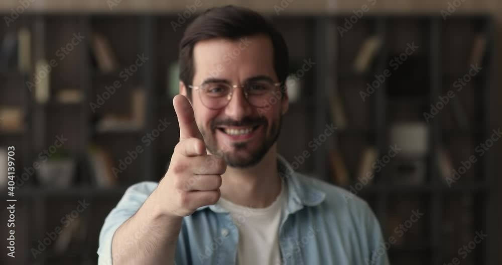 Head shot portrait smiling HR manager pointing finger at camera chooses you gives chance for career in company, close up hand gesture. Opportunity, invitation for become part of corporate team concept