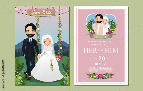  Wedding invitation card the bride and groom cute muslim couple cartoon character sitting on swing decorated with flowers