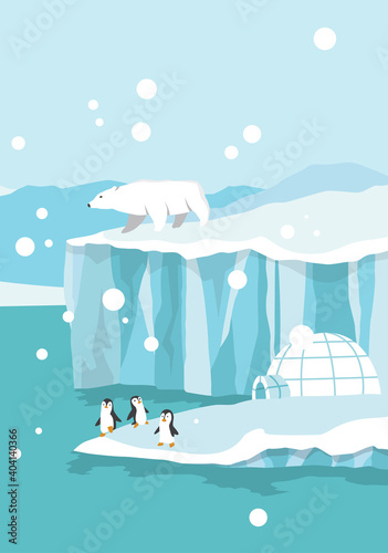 North pole arctic. White bears and penguins on drifting and melting glacier in ocean, snow mountains iceberg polar winter season cartoon vector illustration