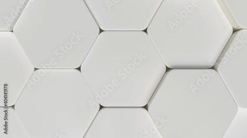 White  hexagons background  made of plastic material  positioned in a grid and displaced. 3d render illustration.
