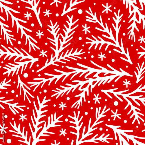 Hand drawn vector illustration with Christmas seamless pattern (with spruce branches and snowflakes) in doodle style. Background for Christmas gift wrapping paper, package, box, gift carton, bag, card