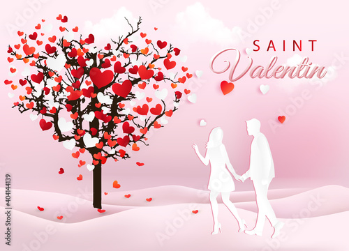 carte ou bandeau sur la Saint Valentin en rouge et rose avec un homme et une femme se tenant la main en blanc et à coté un arbre avec des feuilles en forme de coeur sur un fond rose en dégradé