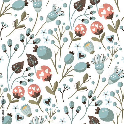 Seamless pattern with blue flower and berry. Vector ornate vintage illustration. Detailed floral folk art ornament. Boho botanical background.