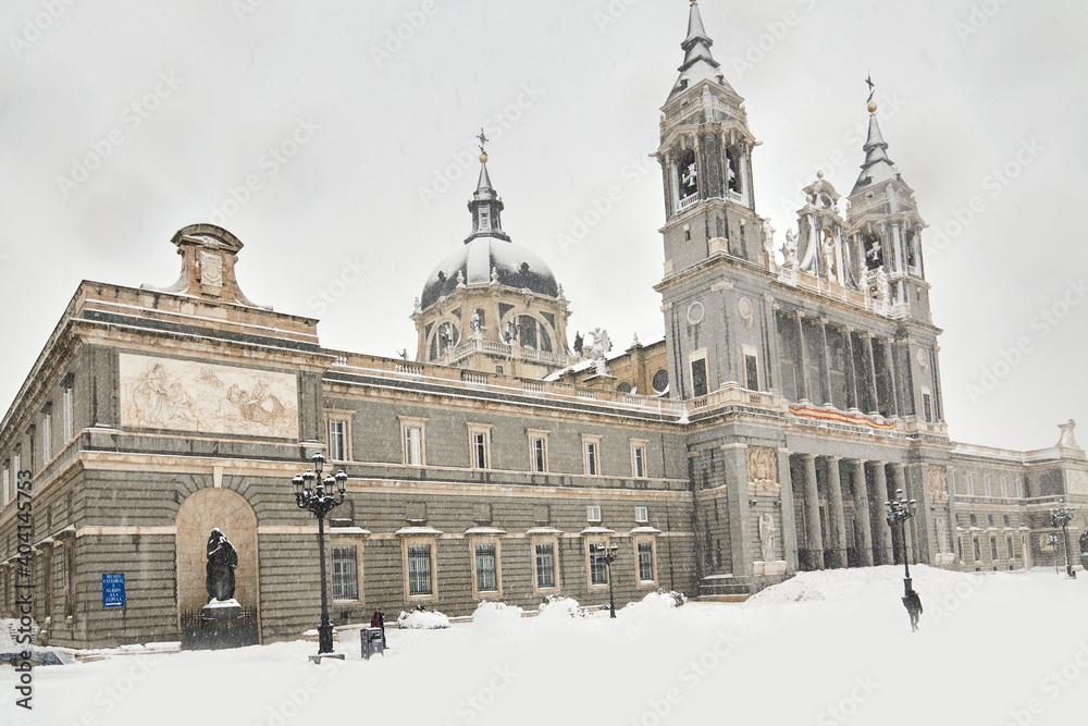 Madrid cathedral snow-covered in winter