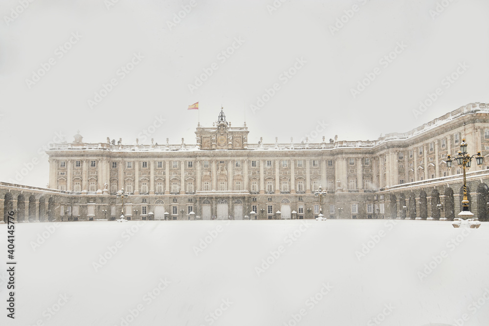 Madrid royal palace snow-covered in snow storm
