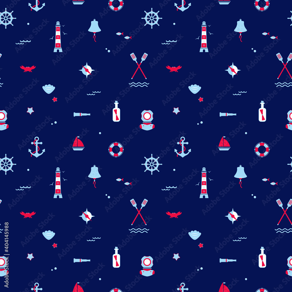 Seamless texture from sailing elements. Pattern, abstract background, wallpaper. Nautical collection,  marine travel icons.