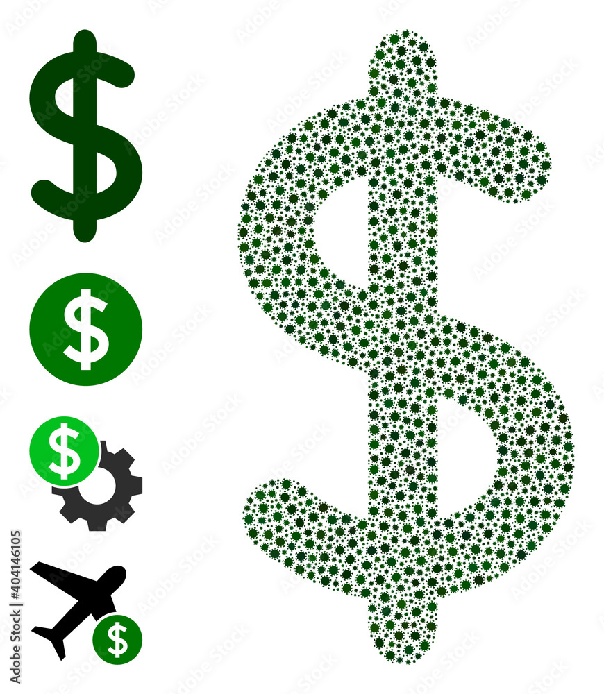 Vector dollar sign icon coronavirus mosaic. Dollar sign mosaic is constructed of little coronavirus pathogen items. Abstraction is created for health care posters. Vector dollar sign icon coronavirus mosaic. Dollar sign mosaic is constructed of little coronavirus pathogen items. Abstraction is created for health care posters.