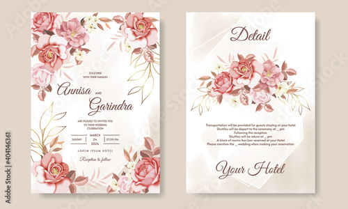 Elegant wedding invitation card with beautiful floral and leaveas Premium Vector