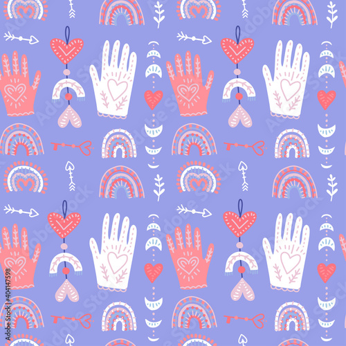 Romantic seamless pattern. Boho background for nursery decoration with cute hands and moon, raibows. Doodle modern illustration for Valentine's day.