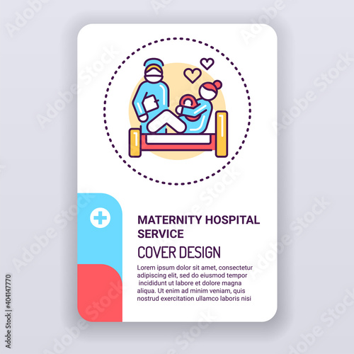 Maternity hospital service brochure template. Birth child cover design. Print design with linear illustration cartoon character on a white background.
