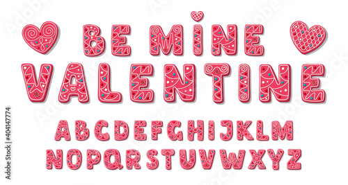 Pink sweet Valentine font. Cute cookies Alphabet. Love letters ABC in cartoon style. Vector illustration