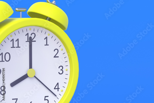 Single yellow vintage analog alarm clock on blue background. Wake-up concept. Punctuality. Countdown and deadline. Sleeping time. Daily regime. Business planning. Copy space. 3d rendering