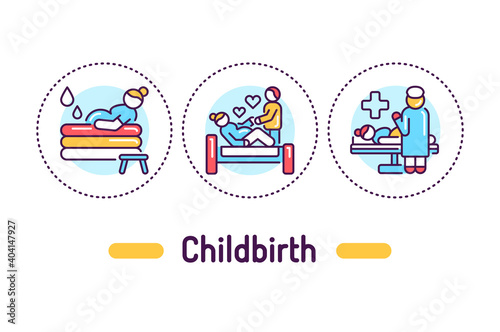 Childbirth outline concept. Maternity hospital service line color icons. Pictograms for web page, mobile app, promo.
