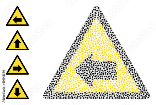 Vector left direction warning icon covid composition. Left direction warning mosaic is created of little covid pathogen elements. Abstraction is constructed for medicare applications.