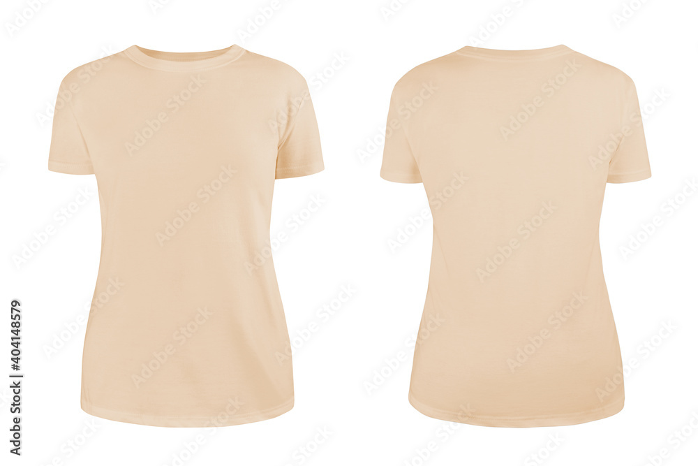 Women's beige blank T-shirt template,from two sides, natural shape on ...
