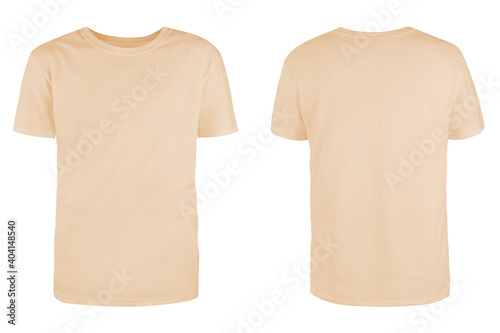 Men's beige blank T-shirt template,from two sides, natural shape on  invisible mannequin, for your design mockup for print, isolated on white  background.. Stock Photo