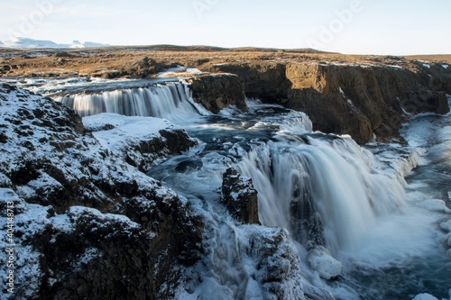 Panoramic view of Reykjafoss Fosslaug waterfall cascade Varmahlid Svarta river in Nordurland Iceland Europe winter photo