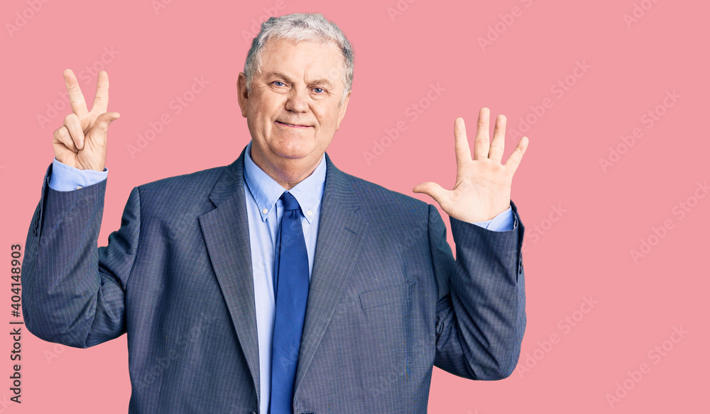 Senior grey-haired man wearing business jacket showing and pointing up with fingers number eight while smiling confident and happy. Senior grey-haired man wearing business jacket showing and pointing up with fingers number eight while smiling confident and happy.