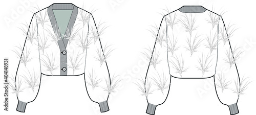 Feather-Embellished Wool Cropped Cardigan. Fashion vector sketch