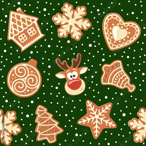 Seamless pattern with different gingerbread cookies. Vector illustration.